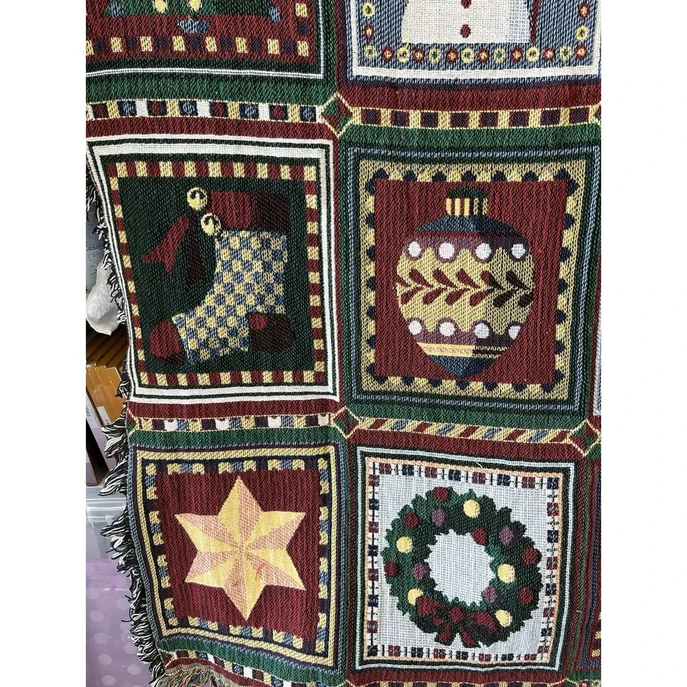 Vintage Christmas Woven Tapestry Afgan Snowman Tree Ornaments ThrowBlanket 48x64